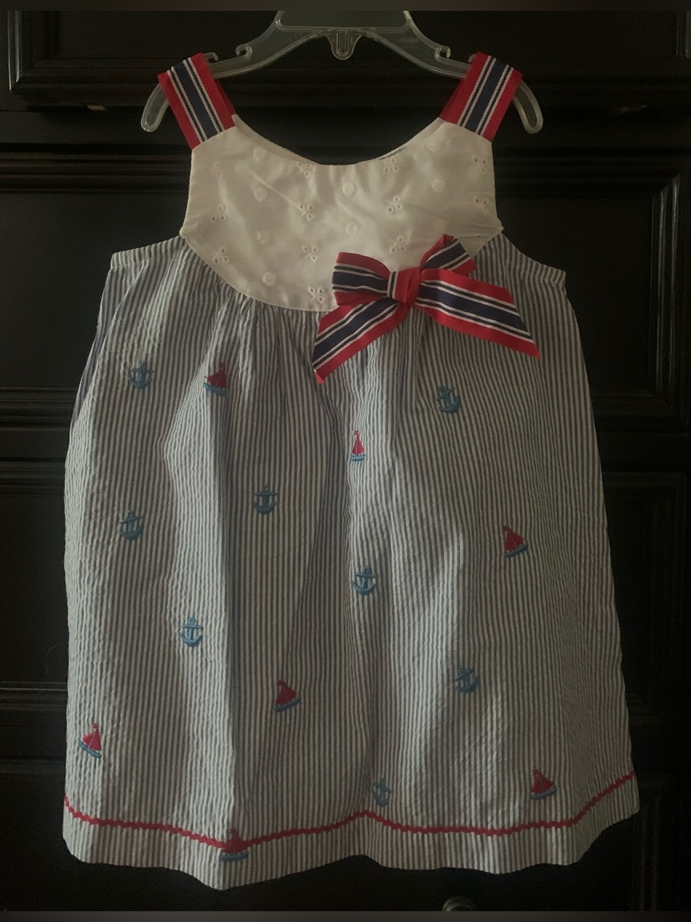 Pastourelle Nautical Seersucker Dress in White, Blue & Red
